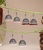  women pair of 3 oxidized silver plated multicolor artificial beads jhumka earrings