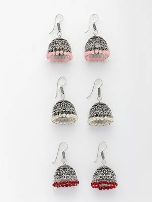  women pair of 3 oxidized silver plated multicolor artificial beads jhumka earrings 2