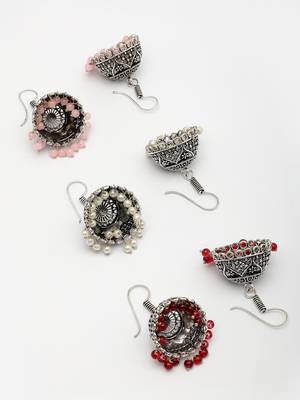  women pair of 3 oxidized silver plated multicolor artificial beads jhumka earrings 3
