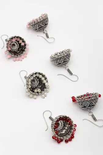  women pair of 3 oxidized silver plated multicolor artificial beads jhumka earrings