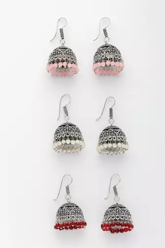 women pair of 3 oxidized silver plated multicolor artificial beads jhumka earrings