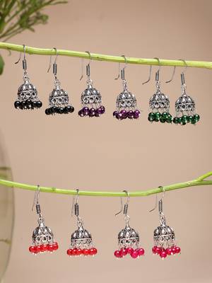  women pair of 5 oxidized silver plated multicolor artificial beads jhumka earrings 1