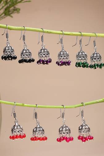  women pair of 5 oxidized silver plated multicolor artificial beads jhumka earrings