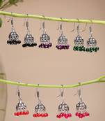  women pair of 5 oxidized silver plated multicolor artificial beads jhumka earrings