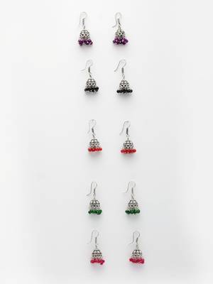  women pair of 5 oxidized silver plated multicolor artificial beads jhumka earrings 2