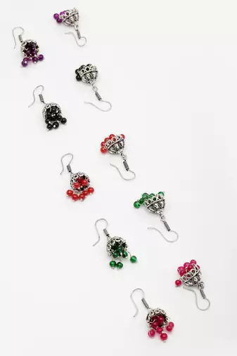  women pair of 5 oxidized silver plated multicolor artificial beads jhumka earrings