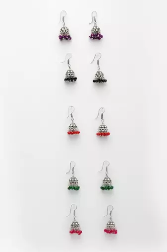  women pair of 5 oxidized silver plated multicolor artificial beads jhumka earrings