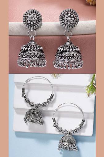  women set of 2 silver plated traditional oxidized jhumka earrings