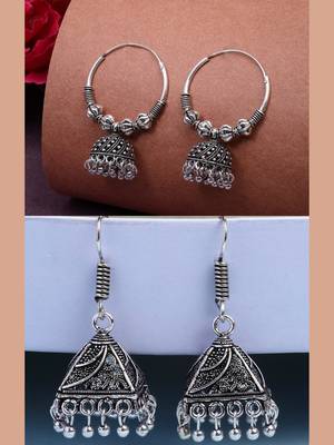  women's set of 2 ethnic silver plated oxidized circle jhumka earrings 1