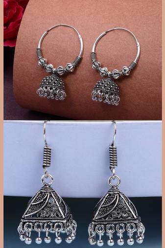  women's set of 2 ethnic silver plated oxidized circle jhumka earrings