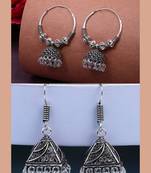  women's set of 2 ethnic silver plated oxidized circle jhumka earrings