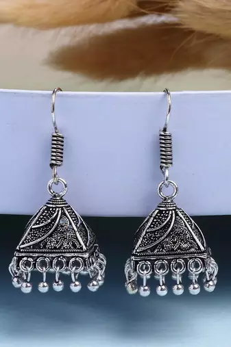  women's set of 2 ethnic silver plated oxidized circle jhumka earrings
