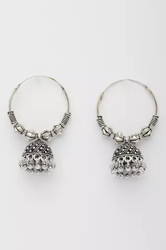  women's set of 2 ethnic silver plated oxidized circle jhumka earrings