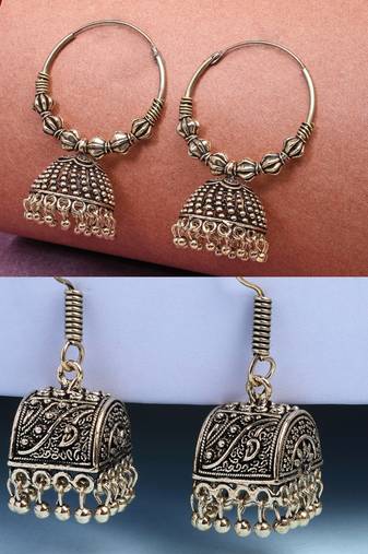  women set of 2 gold plated oxidized contemporary jhumka earrings