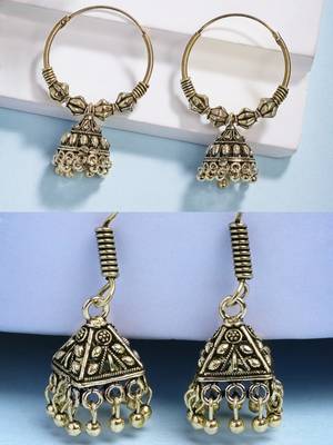  women's set of 2 traditional gold plated oxidized jhumka earrings 1