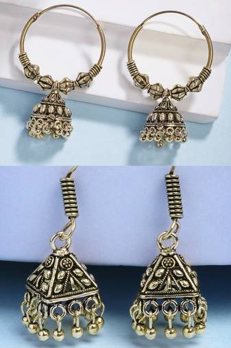  women's set of 2 traditional gold plated oxidized jhumka earrings