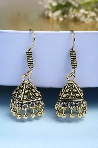  women's set of 2 traditional gold plated oxidized jhumka earrings