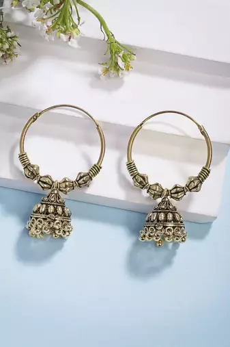  women's set of 2 traditional gold plated oxidized jhumka earrings