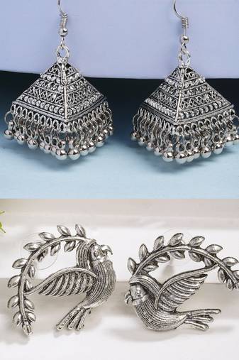  women silver toned oxidized set of 2 jhumka & drop earrings