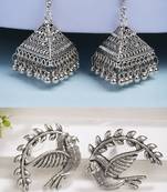 women silver toned oxidized set of 2 jhumka & drop earrings