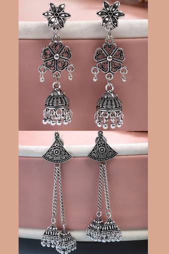  women set of 2 silver toned oxidized jhumka earrings