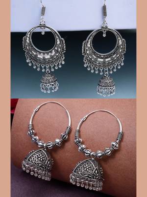  women's set of 2 silver plated oxidized contemporary jhumka earrings 1