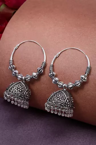  women's set of 2 silver plated oxidized contemporary jhumka earrings