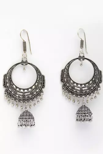  women's set of 2 silver plated oxidized contemporary jhumka earrings