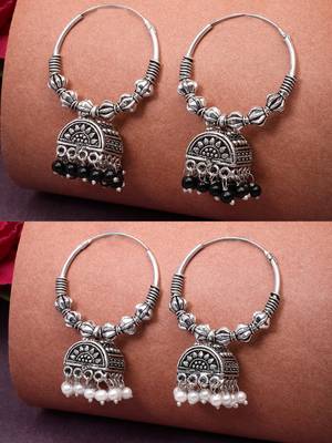  women set of 2 oxidized silver plated artificial beads jhumka earrings 1