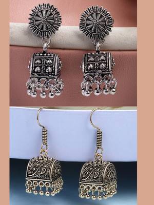  women set of 2 oxidized contemporary jhumka earrings 1