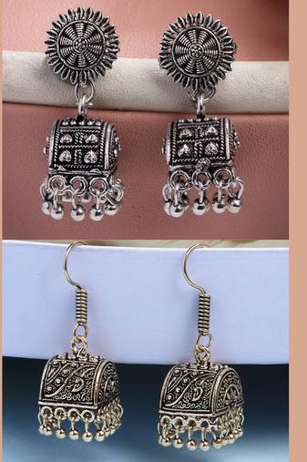  women set of 2 oxidized contemporary jhumka earrings