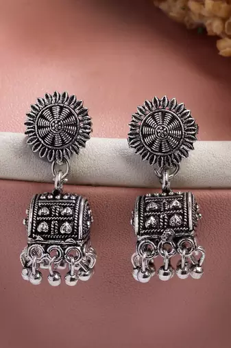  women set of 2 oxidized contemporary jhumka earrings
