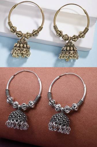  women's traditional set of 2 oxidized jhumka earrings