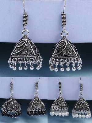  women's set of 3 oxidized silver plated artificial beads jhumka earrings 1