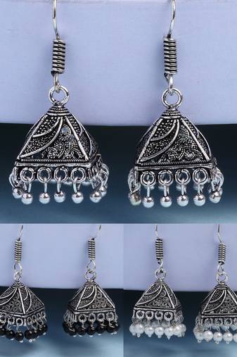  women's set of 3 oxidized silver plated artificial beads jhumka earrings
