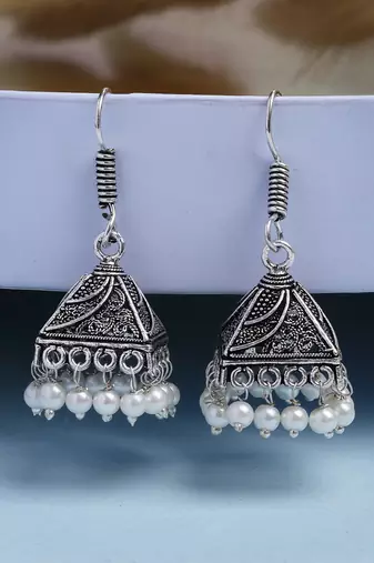  women's set of 3 oxidized silver plated artificial beads jhumka earrings