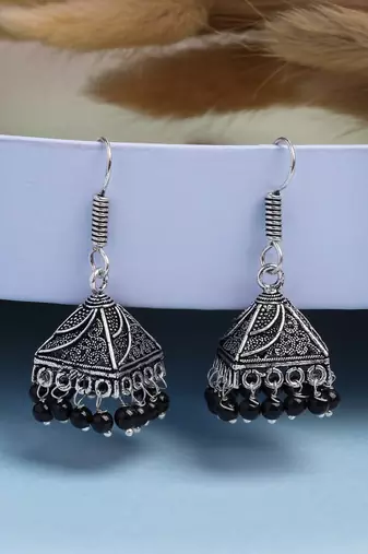  women's set of 3 oxidized silver plated artificial beads jhumka earrings