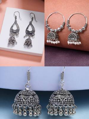  women set of 3 german silver oxidized traditional jhumka earrings 1