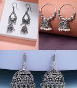  women set of 3 german silver oxidized traditional jhumka earrings