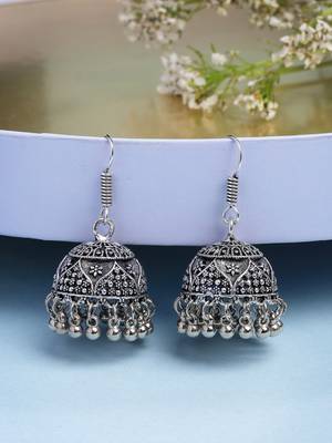  women set of 3 german silver oxidized traditional jhumka earrings 2