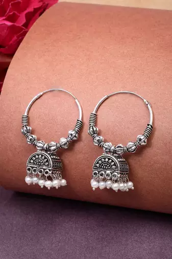  women set of 3 german silver oxidized traditional jhumka earrings