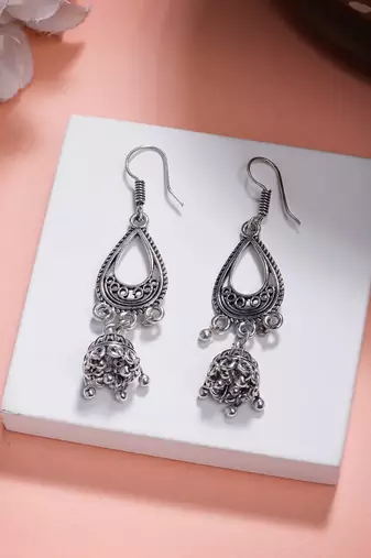 women set of 3 german silver oxidized traditional jhumka earrings
