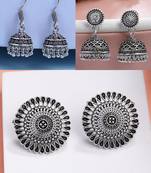 women set of 3 silver plated round shape oxidized traditional jhumka & stud earrings