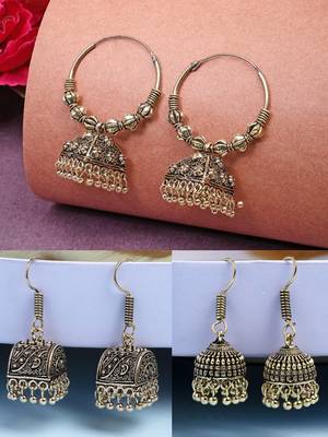  women set of 3 gold plated oxidized contemporary jhumka earrings 1