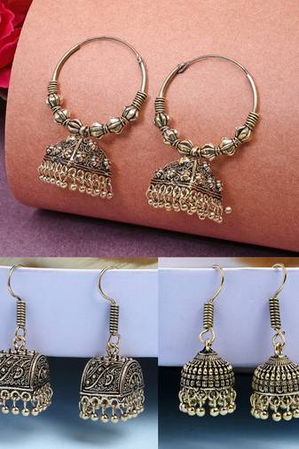  women set of 3 gold plated oxidized contemporary jhumka earrings