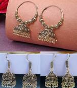  women set of 3 gold plated oxidized contemporary jhumka earrings