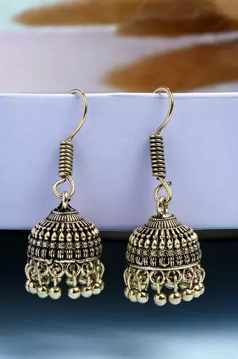  women set of 3 gold plated oxidized contemporary jhumka earrings