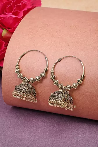  women set of 3 gold plated oxidized contemporary jhumka earrings