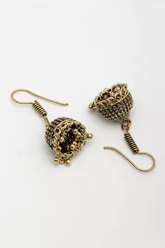  women set of 3 gold plated oxidized contemporary jhumka earrings