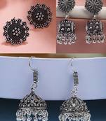  women set of 3 silver-plated oxidized contemporary jhumkas & stud earrings